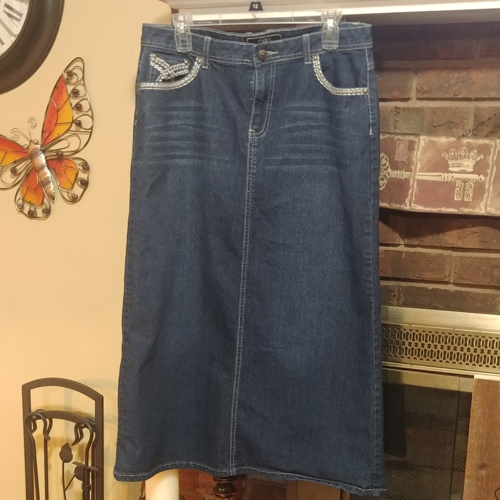 Long dark denim blue jean skirt